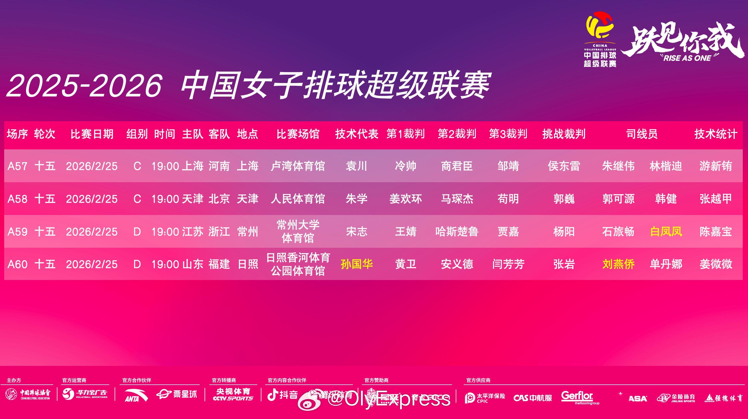 【排超女排联赛今日赛程对阵】排超联赛 2月25日19时，女排联赛季后赛打响，赛程