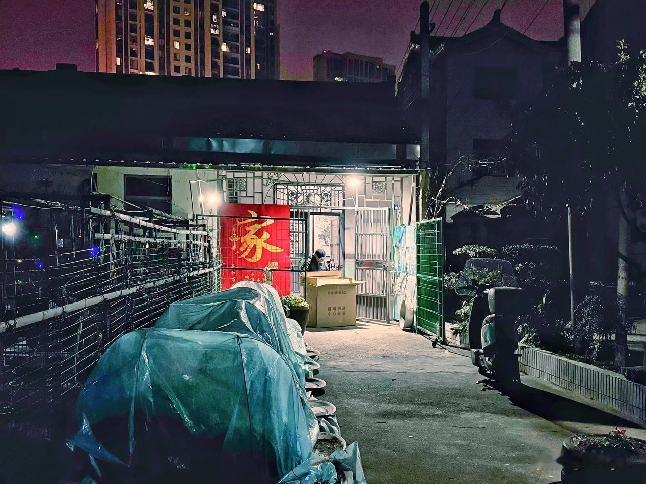 夜晚之家～20250122常州，夜晚散步途经洪庄村时，看到一户人家门前有个很大的