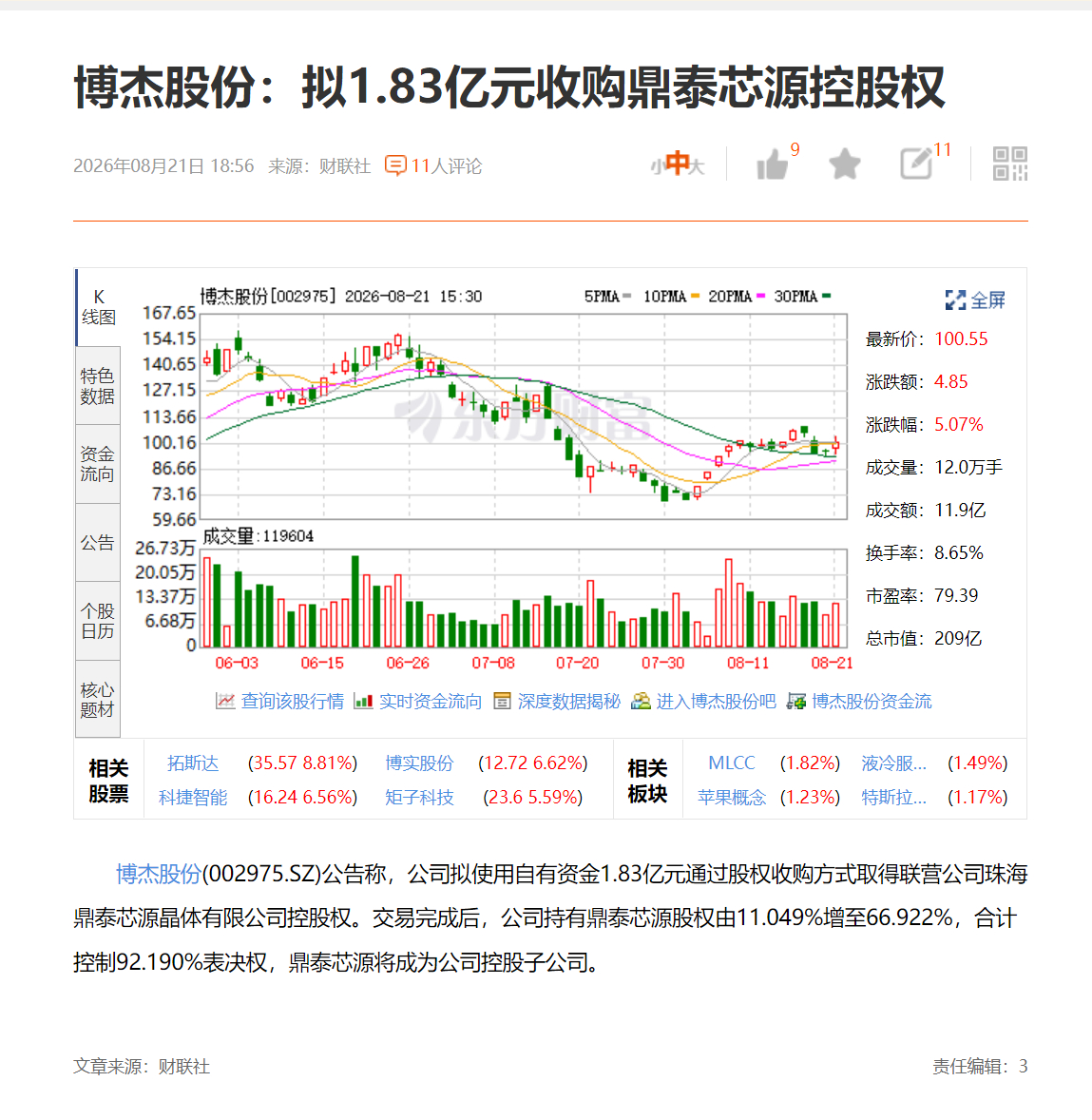 博杰股份：拟1.83亿元收购鼎泰芯源控股权 