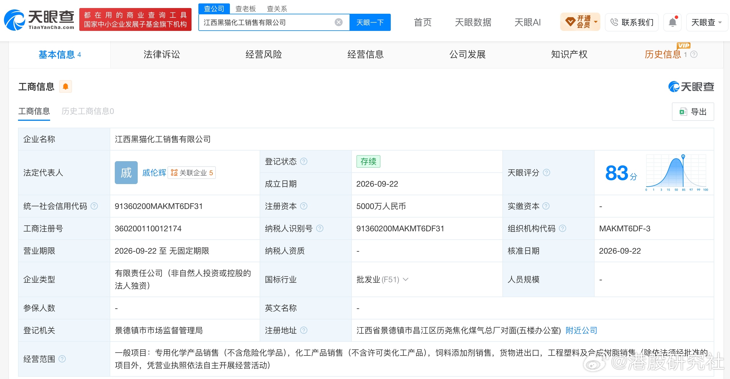 【黑猫股份在江西成立化工销售公司新公司注册资本5000万元】港股研究社讯，天眼查