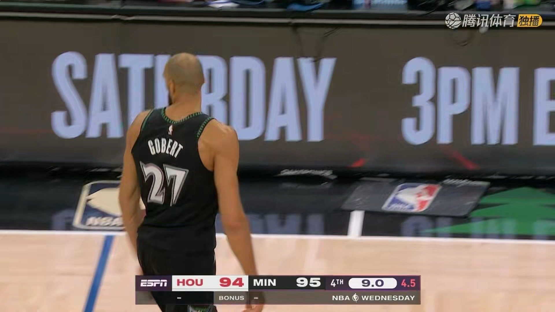 戈贝尔封盖杜兰特！火箭落后1分，4.5秒火箭vs森林狼