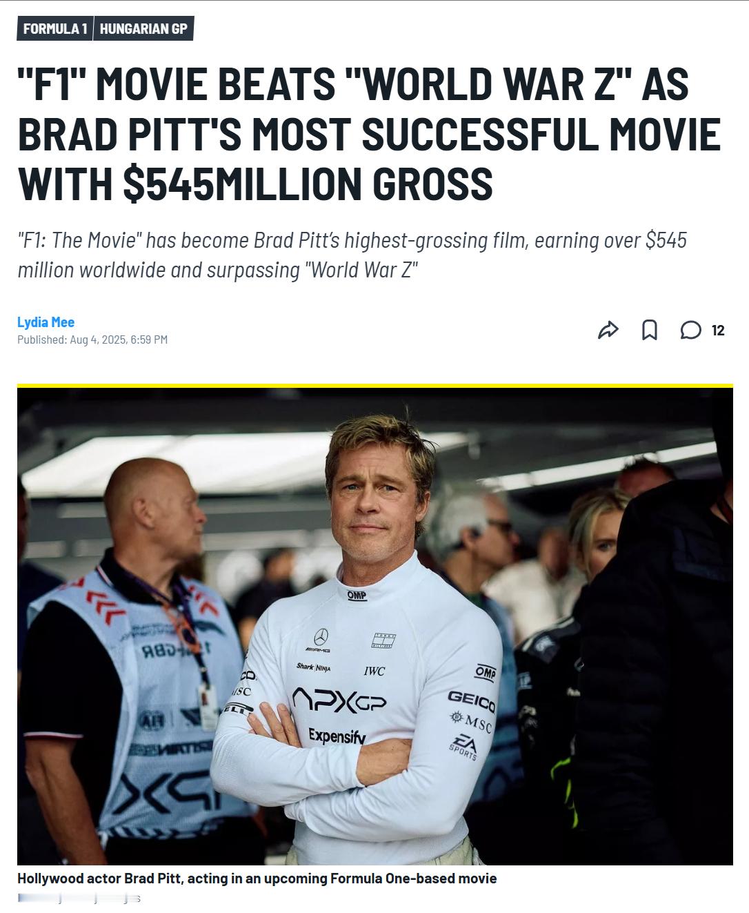 F1电影的全球票房已经突破5.45亿美元，成为了布拉德·皮特票房最高的电影。此前