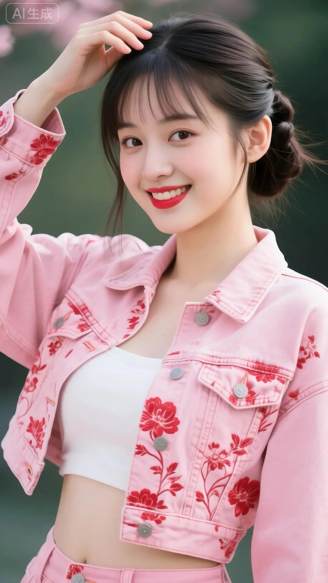 甜美少女风穿搭，粉色牛仔外套搭配白色背心，元气满满！💕🌸