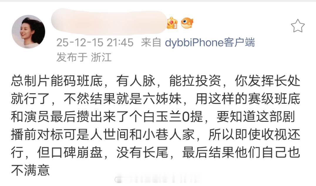 杨晓培担任总制片的《六姊妹》，瓜主评价用赛级班底和演员最后攒出个白玉兰0提，这部