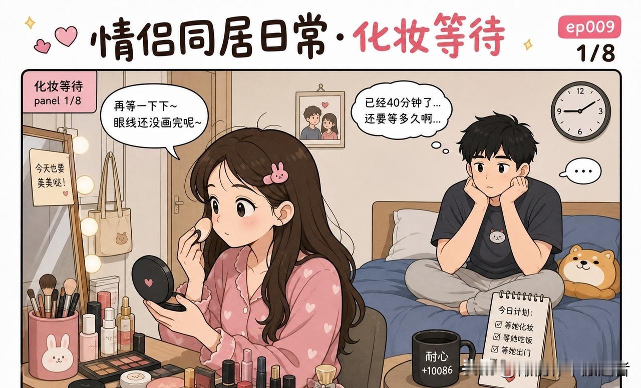 趣味漫画：她在化妆，我在旁边等了四十分钟，我问：“好了吗？”她说：“快了，再五分
