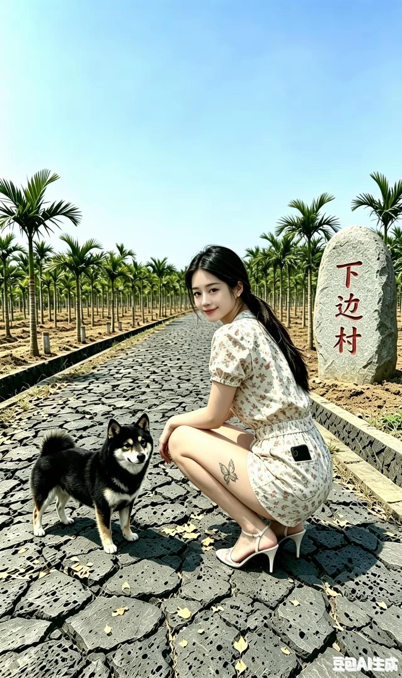 爱犬伴佳人，
来到下边村。
留念拍玉照，
靓丽属青春。