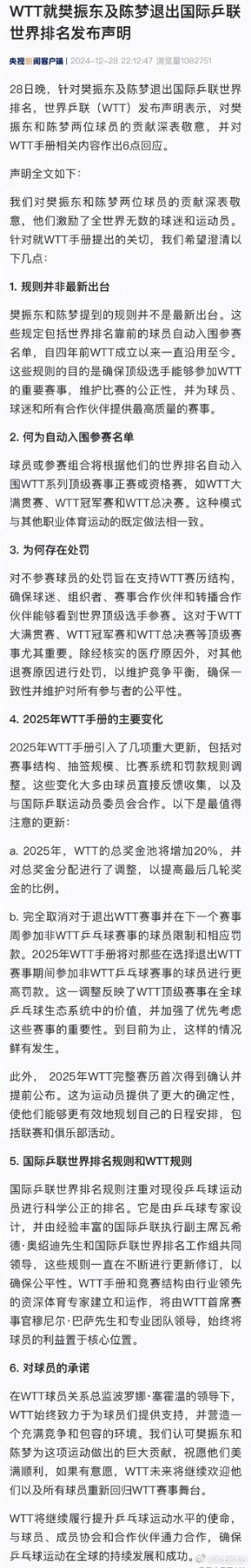 近日，多位国乒运动员相继宣布退出世界排名，其中包括巴黎奥运会男单冠军樊振东和女单