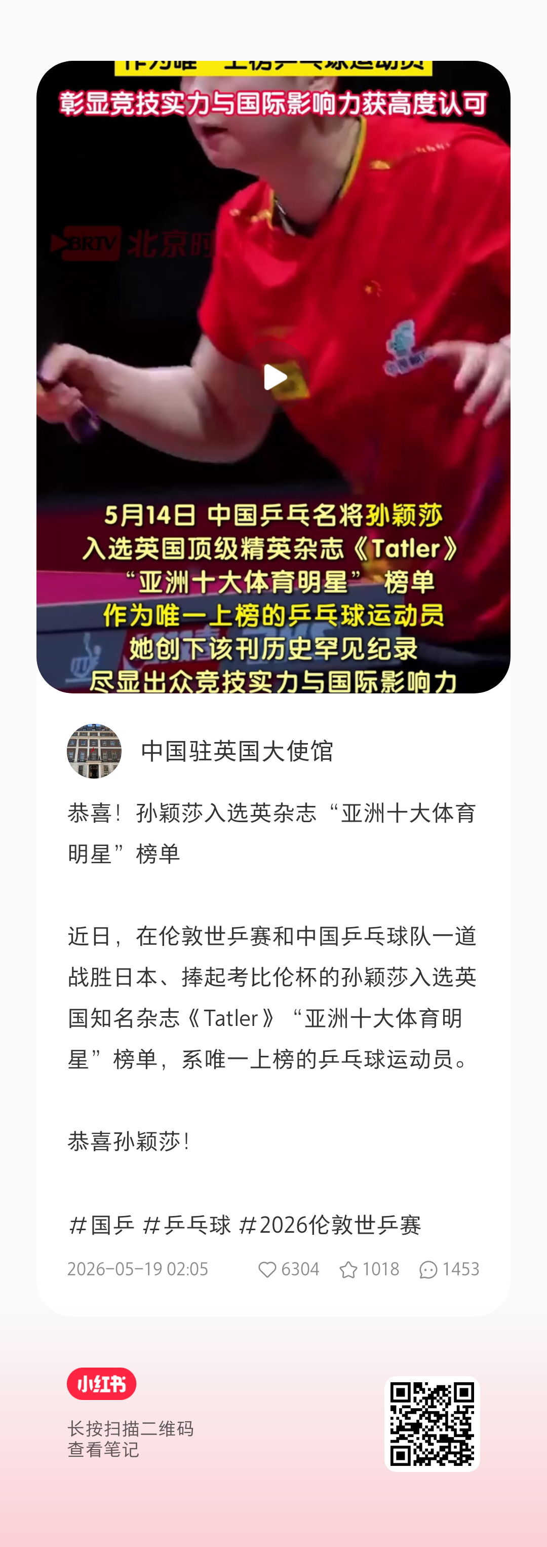 恭喜！孙颖莎入选英杂志“亚洲十大体育明星”榜单 近... 网页链接 来点赞收藏评