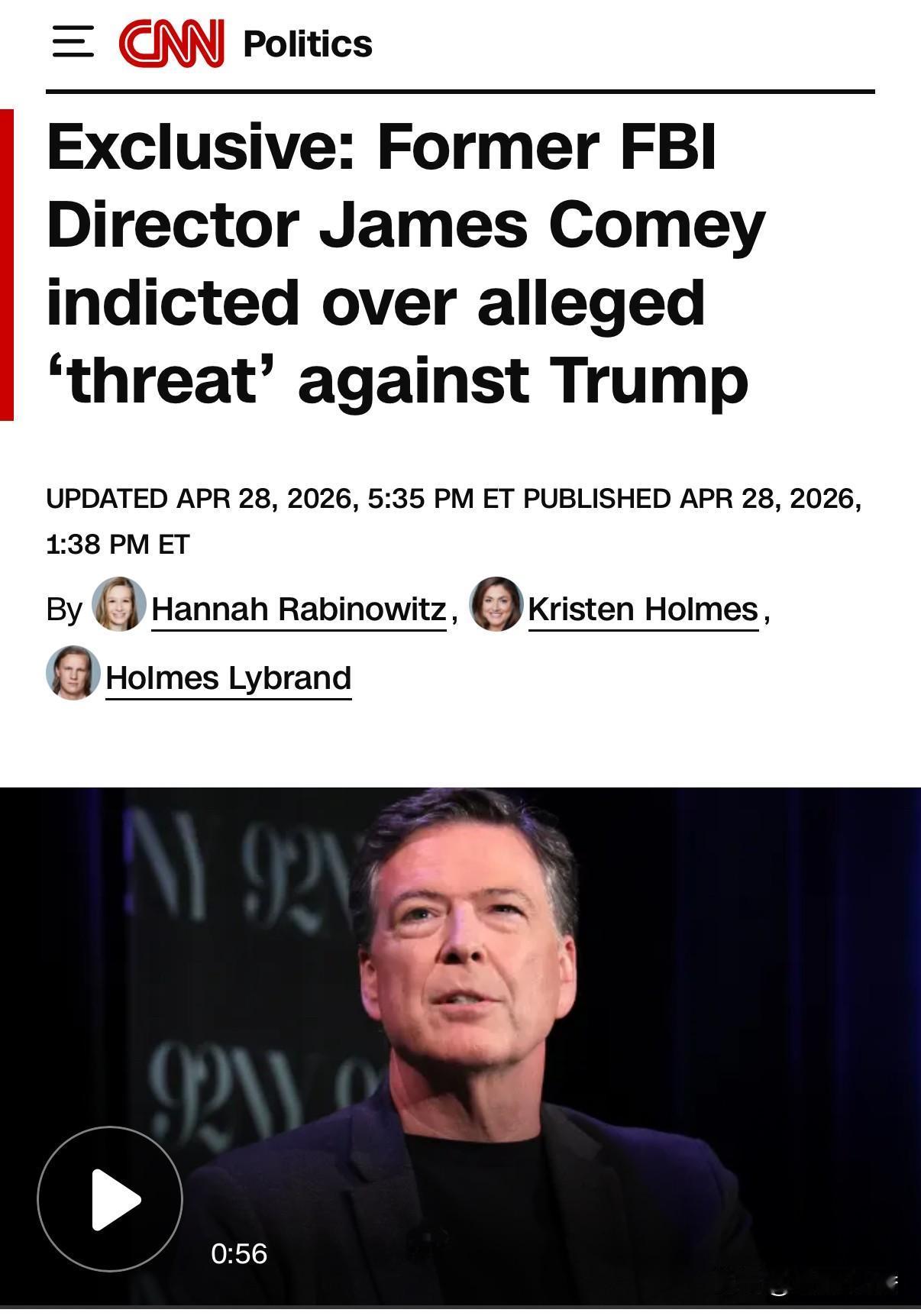 有消息人士告诉CNN，前联邦调查局局长科米（Comey）因一张威胁川普总统的照片