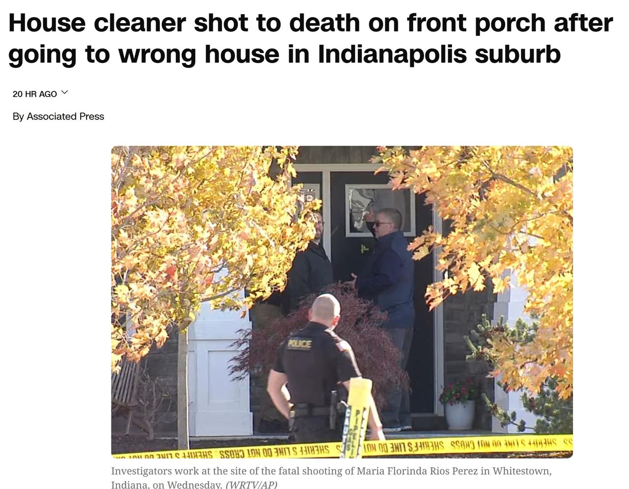 美国一名清洁工搞错地址被房主枪杀
当地时间周三，印第安纳州波利斯郊区约有 10,