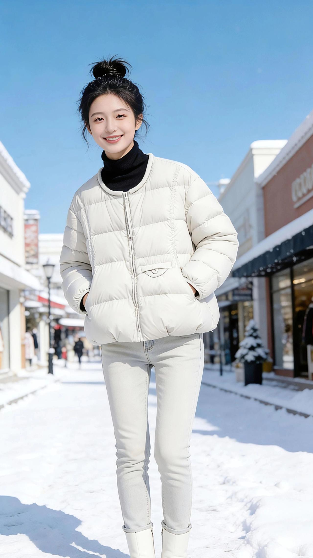 白袄映雪，冬日的温柔序章
 
澄澈的蓝天把雪地衬得愈发洁白，街道旁的商铺檐角落着