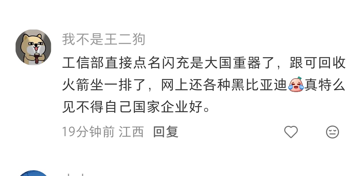 工信部都直接点名比亚迪闪充是大国重器了，而且还是跟可回收火箭和北斗坐一排。网上怎