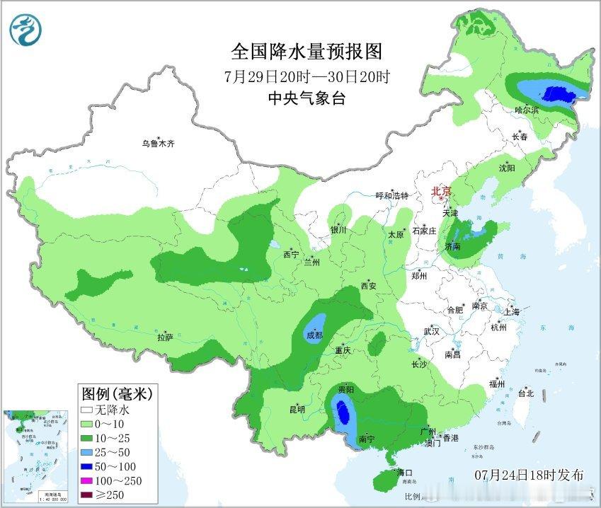 【强降雨】昨晚到今天，我国降水总体上面弱点强，主要有三片降水——西南等地因为季风