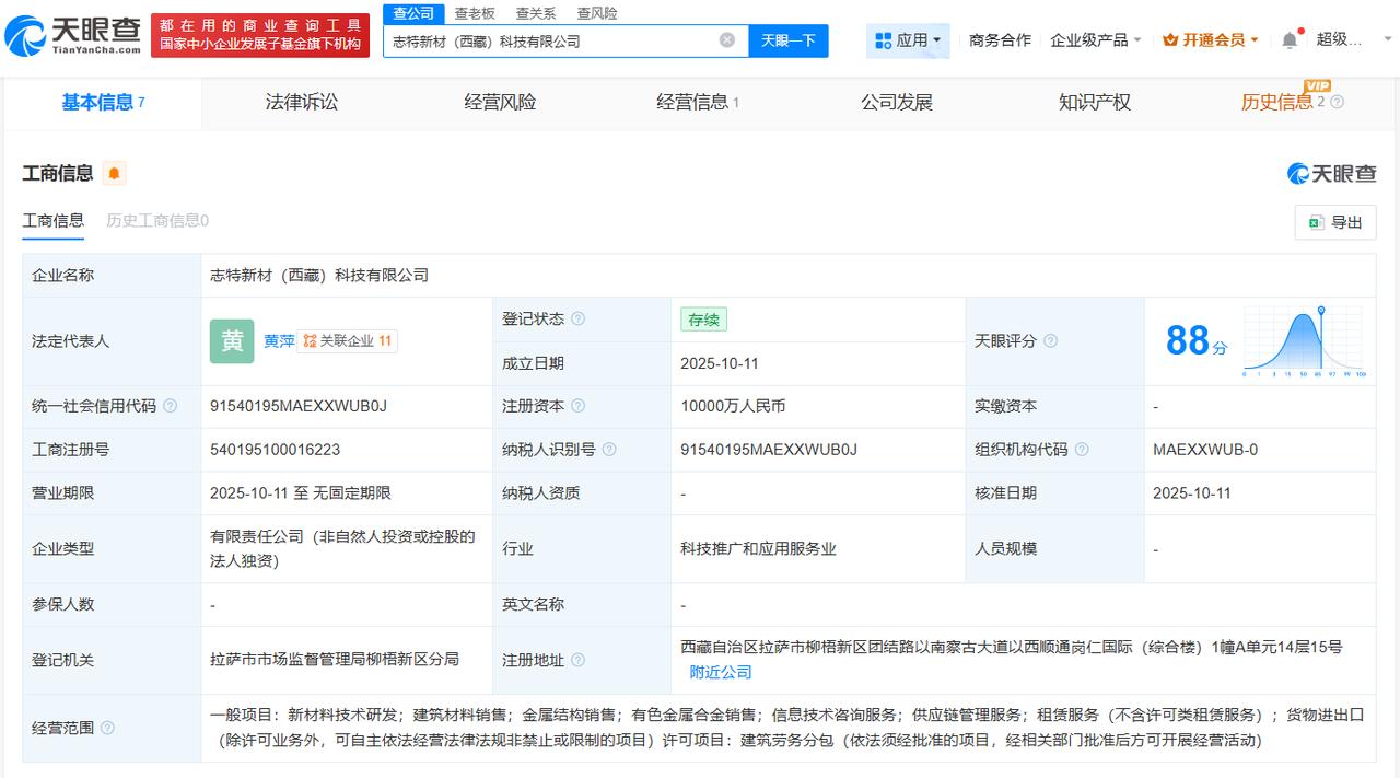 注册资本1亿
天眼查App显示，近日，志特新材（西藏）科技有限公司成立，法定代表