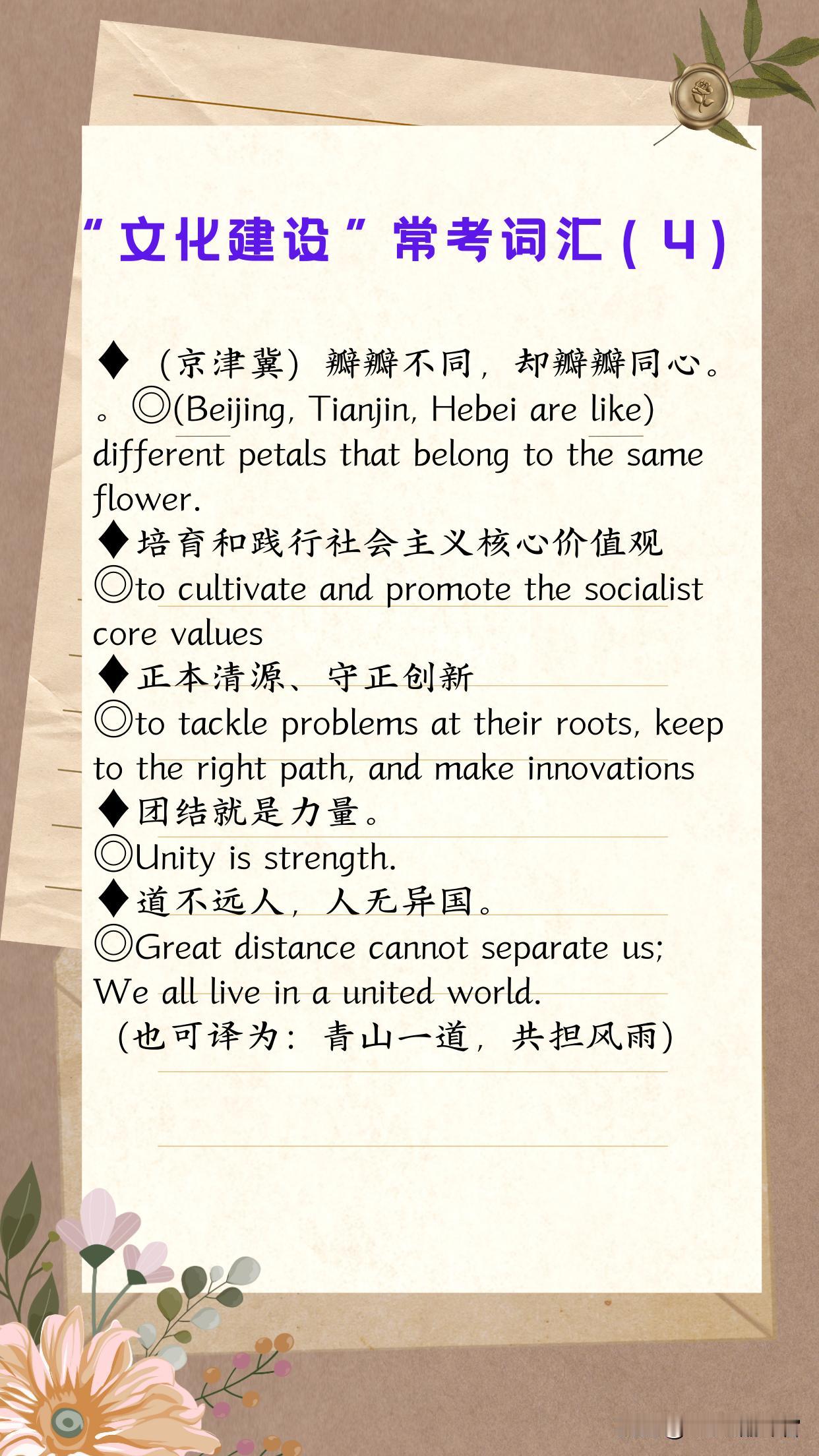 （第2886期）本期“常见+常用+常考”双语金句的主题是【文化建设】。这是第四部