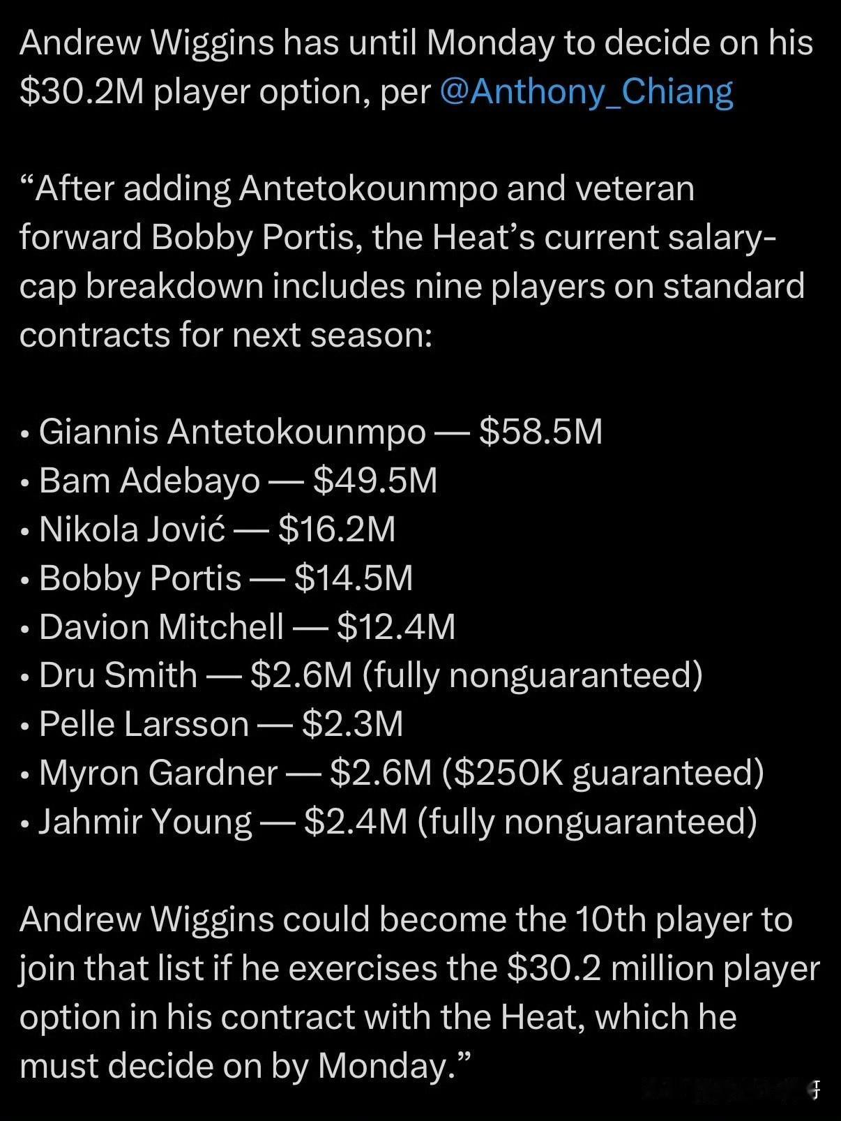 嘴哥离开迈阿密？威金斯下周一前决定是否留队！

根据记者Anthony Chia