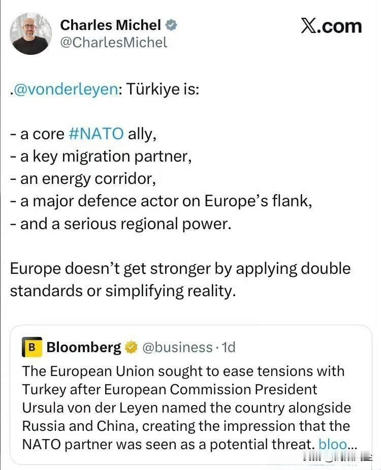 欧洲理事会前主席米歇尔就冯德莱恩将土耳其与中俄并列作出了回应，他提醒冯德莱恩，土