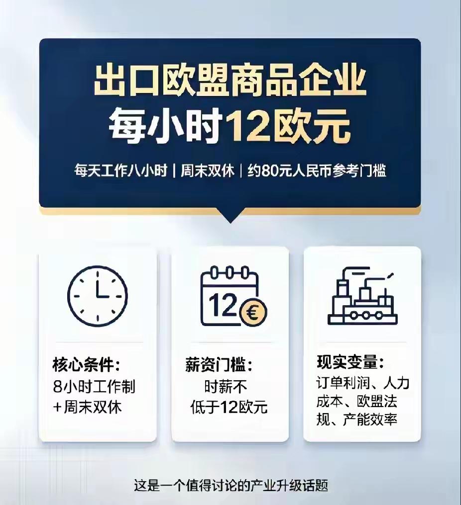 欧盟要求出口欧盟的企业时薪不低于12欧元？
这不过是某些自媒体的自嗨而已！
谣言