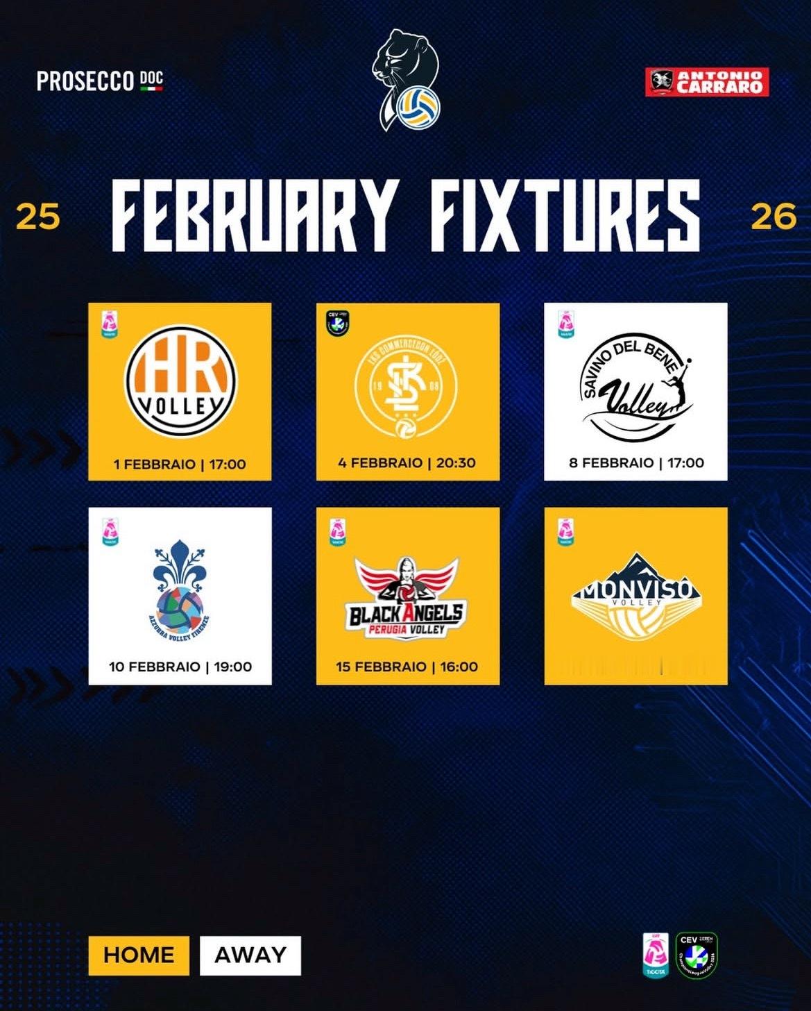 二月份，科内利亚诺赛程！欧冠和联赛！朱婷