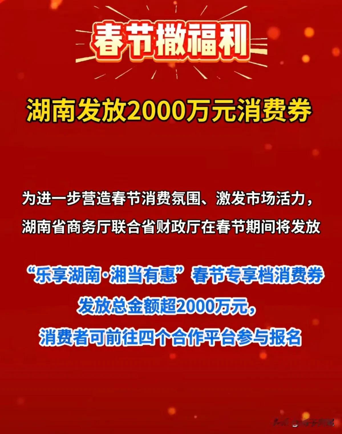 为烘托新春佳节消费氛围，湖南省计划投放总额达2000万元的消费券以提振内需。
2