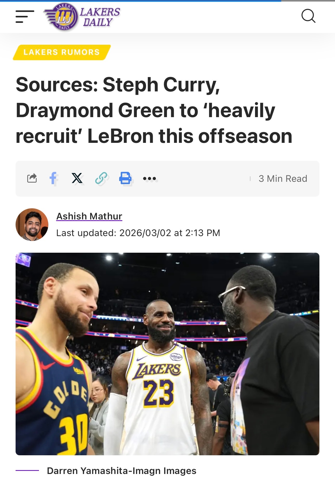 据《湖人日报》报道，消息源透露，一旦詹姆斯成为完全自由球员，库里和追梦格林将全力