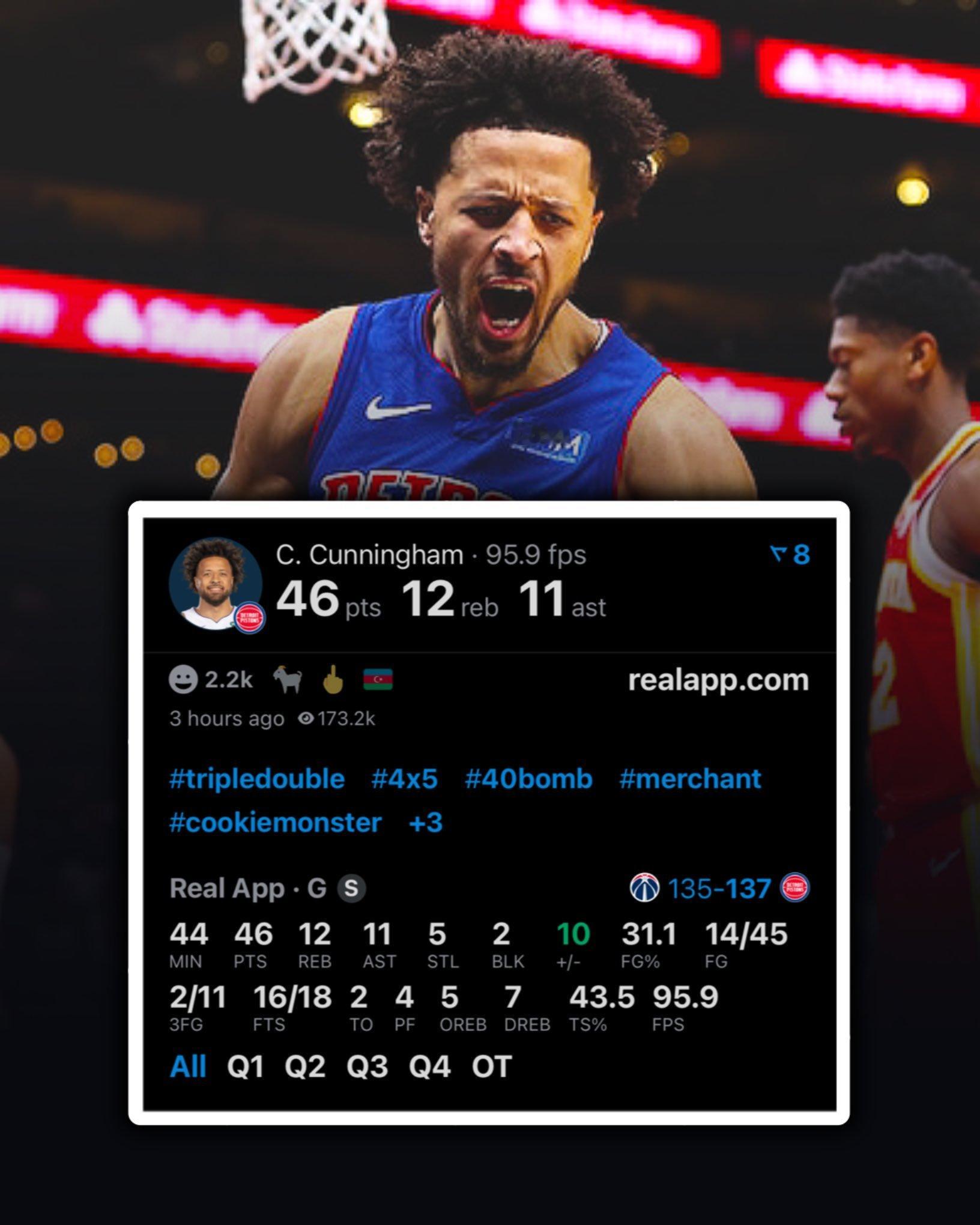 坎宁安今日45投14中，丢了31个投篮，打破科比单场打铁纪录😅😅奇才vs活塞