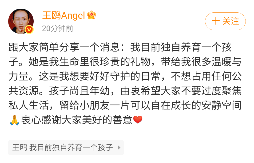 我有一个孩子系列赛开启🔛王鸥 我目前独自养育一个孩子 ​​​
