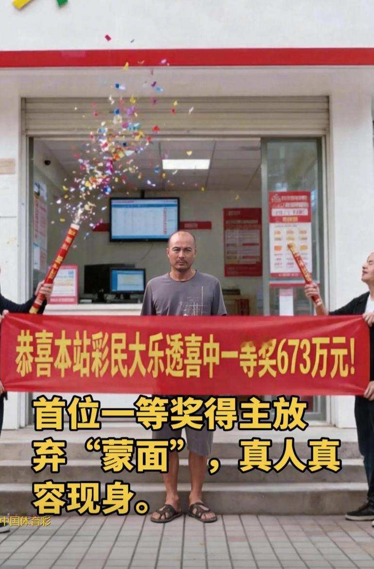 673万得主露脸领奖？网友晒男子穿着拖鞋短裤和673万中奖宣传横幅合影，称头奖得