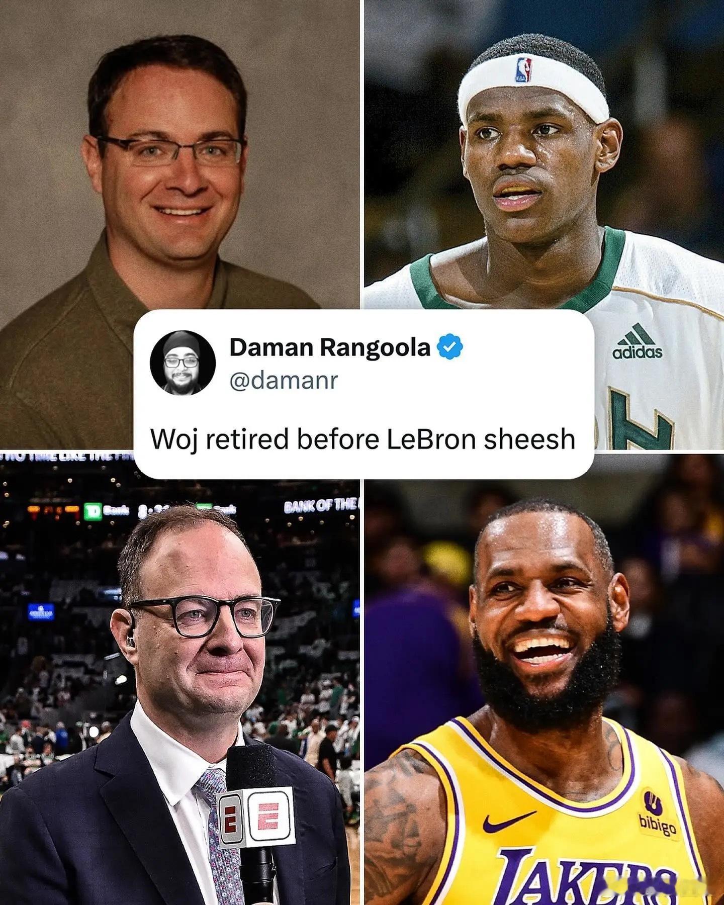 Woj宣布退休，ESPN官方转发调侃道：Woj比詹姆斯先退休。[笑cry]#洛杉