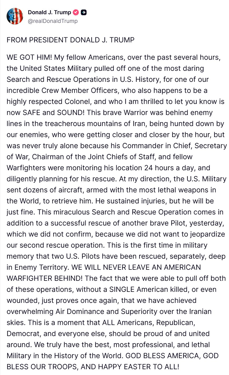 特朗普：我们救回了他！ 我的美国同胞们，在过去的几个小时里，美国军队完成了一次美