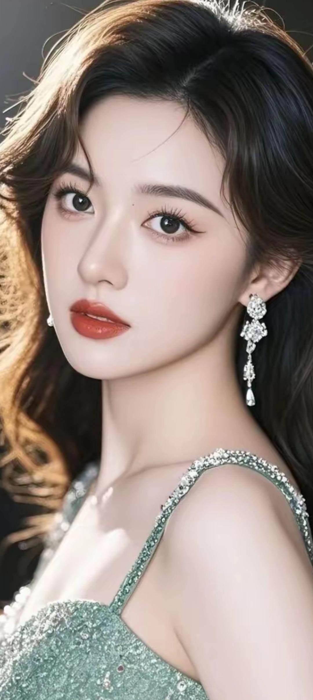 优雅红唇，闪耀耳环，绿裙仙女，气质满满！💄✨👗