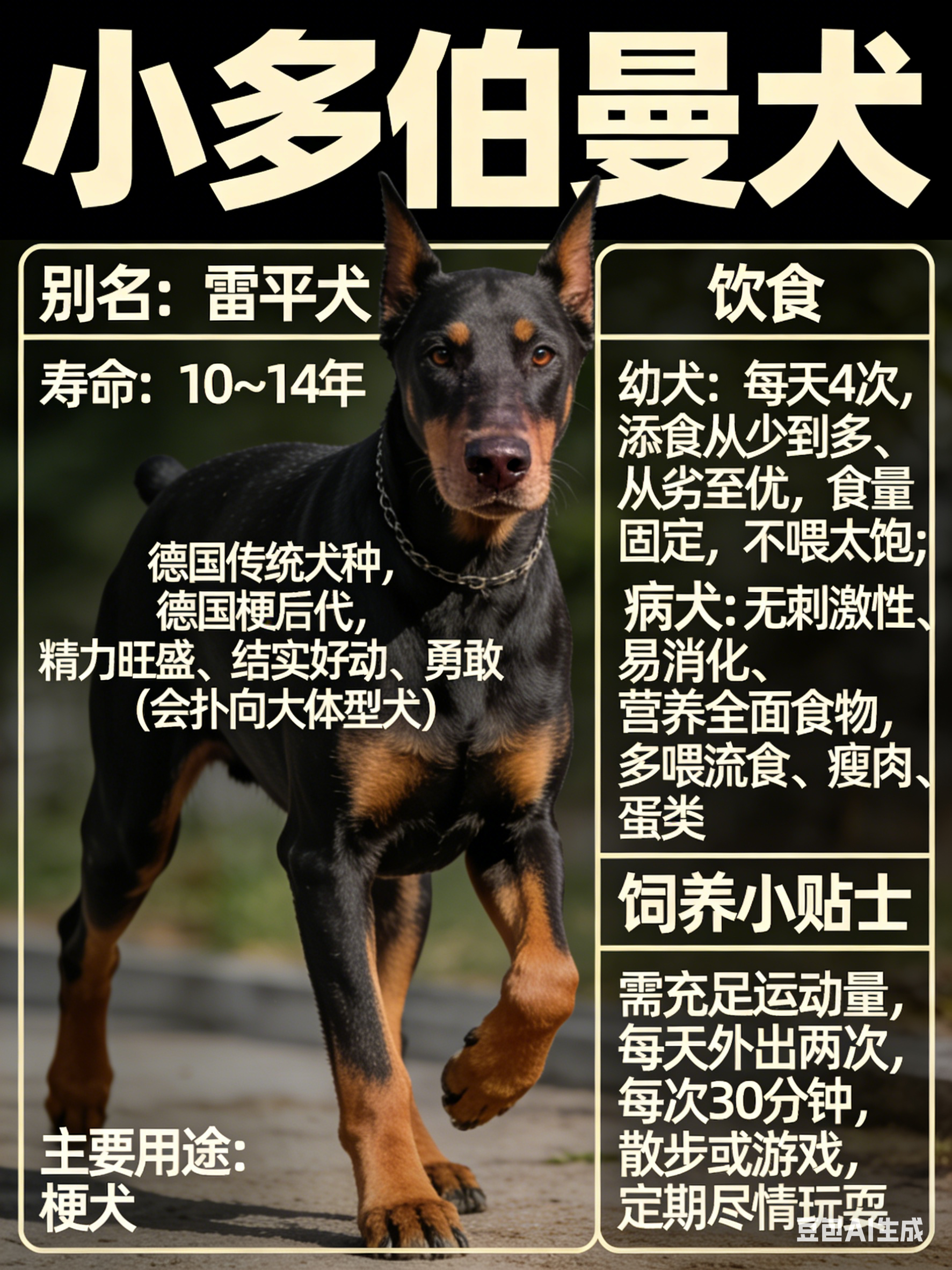 我AI的动物 小多伯曼犬别名：雷平犬寿命：10～14年主要用途：梗犬小多伯曼犬是