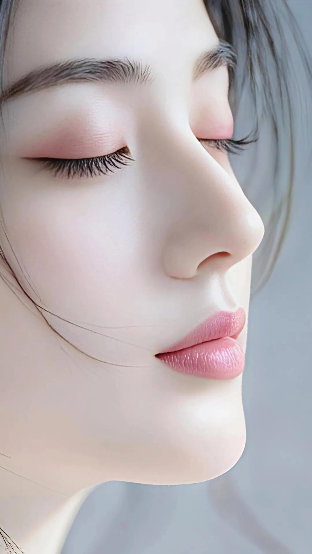 闭眼沉思，温柔如水，粉嫩的唇色，静谧的氛围。