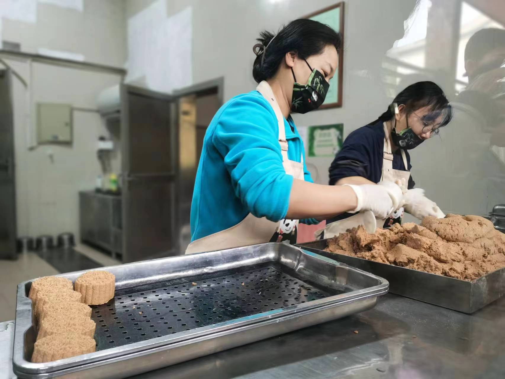阿姨们给熊猫在做窝窝头，看着像麦包不知道好不好吃 ​​​