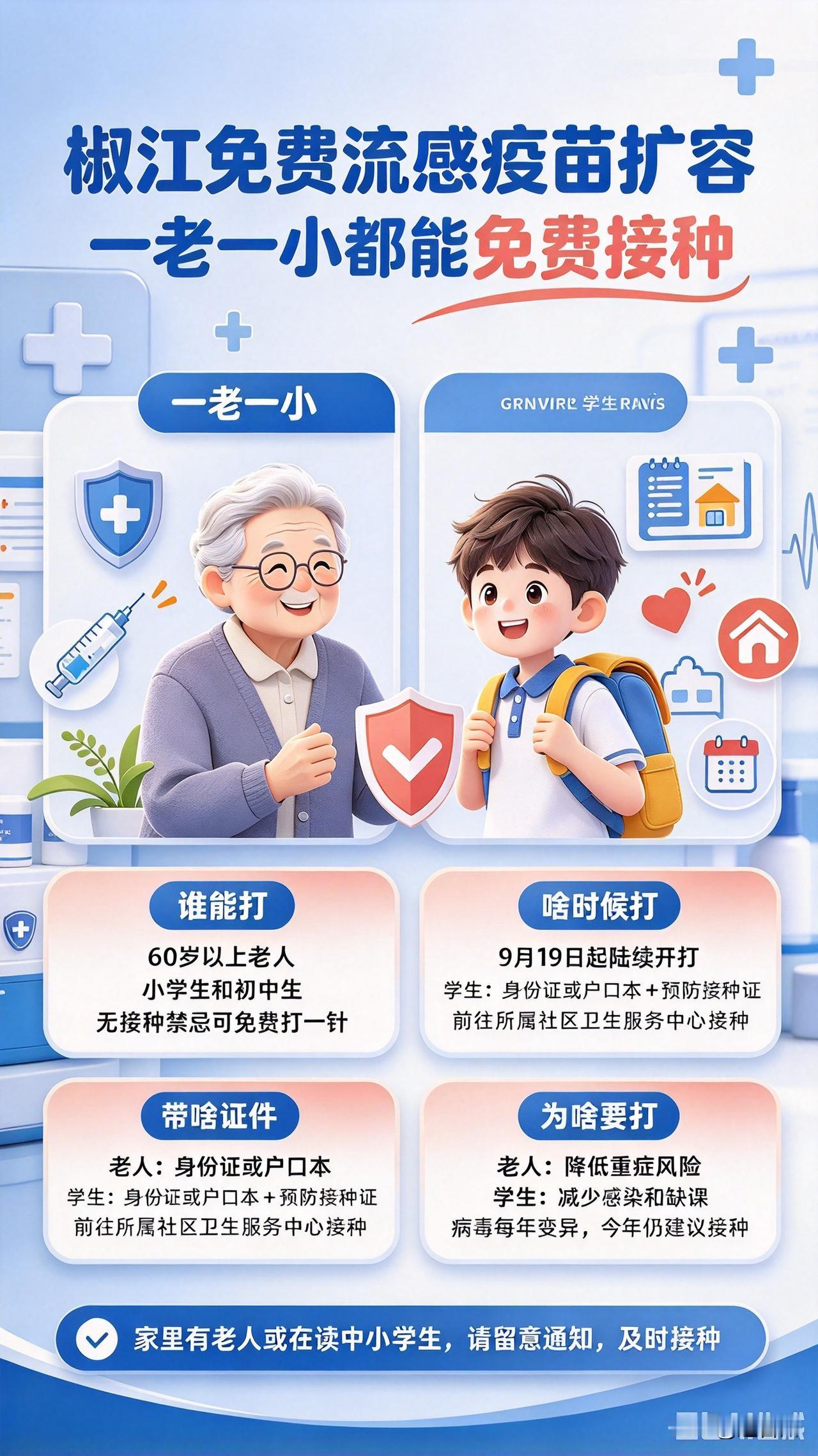 好消息！椒江免费流感疫苗扩容，义务教育学生+60岁以上老人均可接种💉
📢椒江