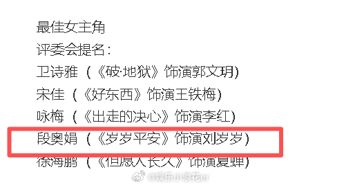 段奥娟提名金鸡影后 哇！ ​​​