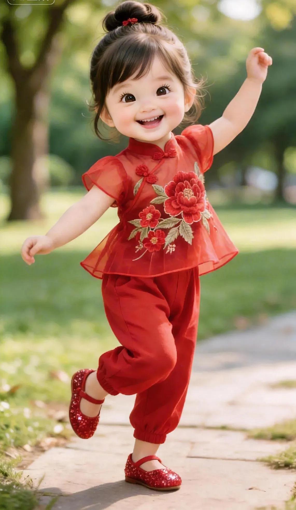 暖融融的春日阳光下，林间小路上走来了穿红裙的小宝贝。一身绣着牡丹的红衫灵动又喜庆