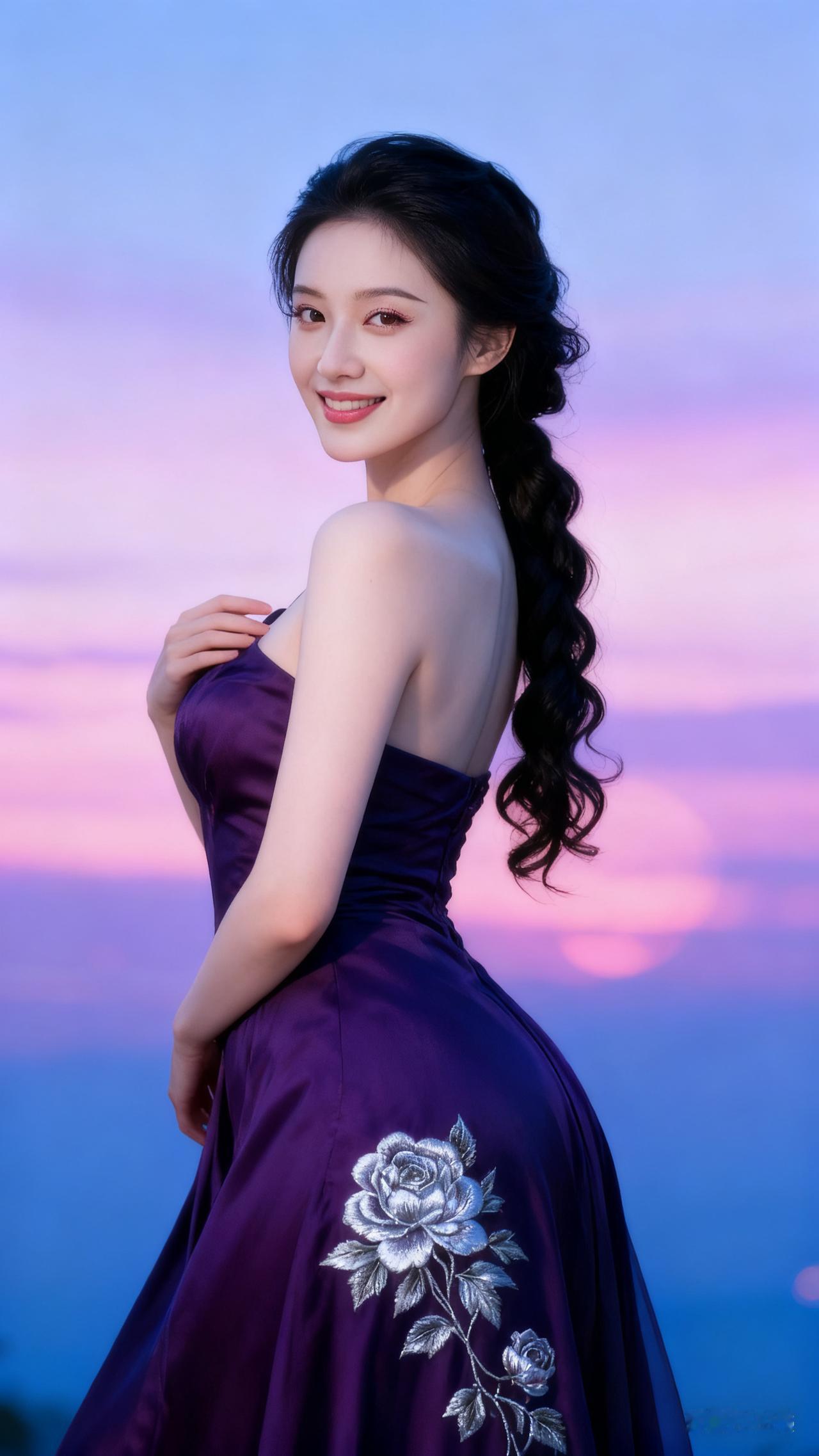 中国年轻女性着暗紫鎏银玫瑰长裙，羊脂玉般白肌，侧低乌卷发马尾，明艳妖冶妆容，粉紫