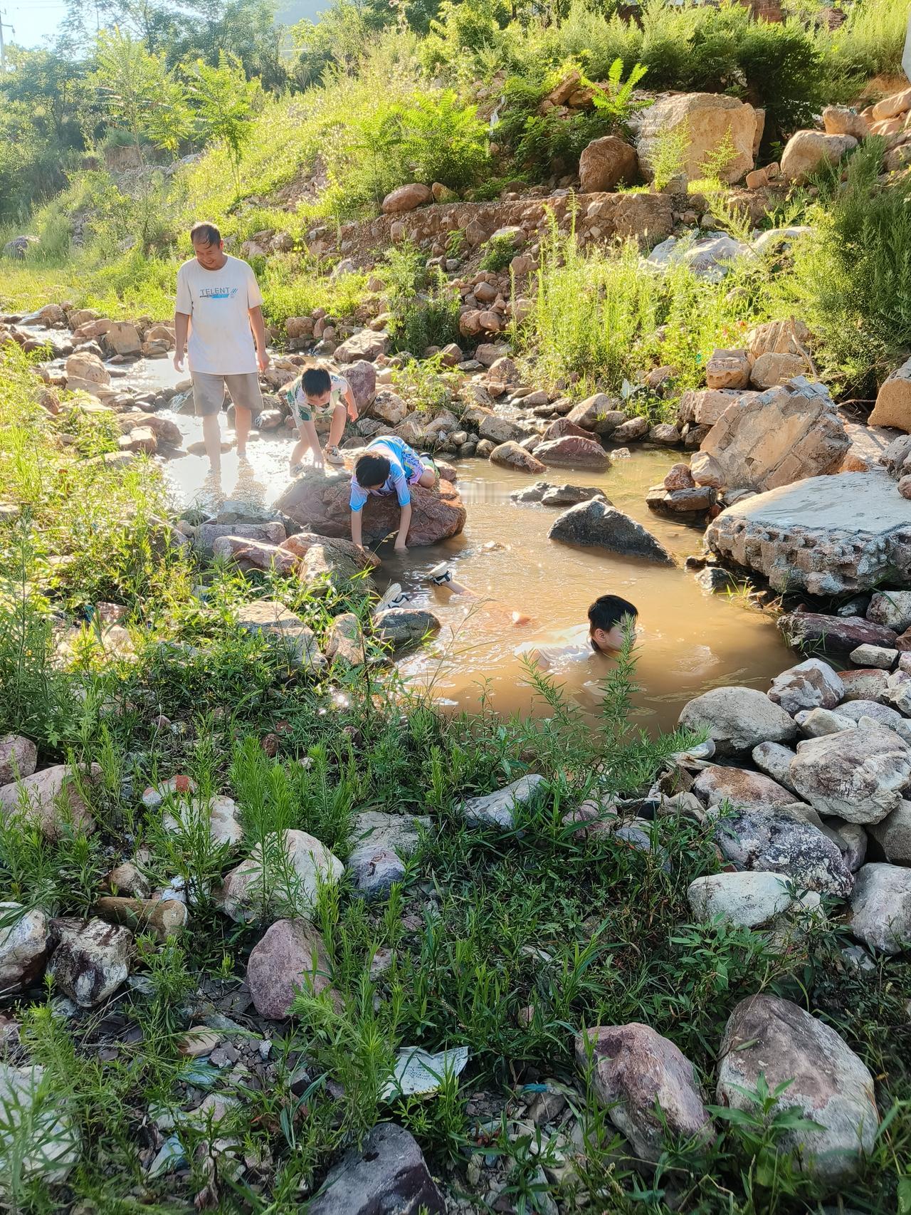 夏日清凉小溪边，孩童嬉戏乐无边！🌞💦👶👦