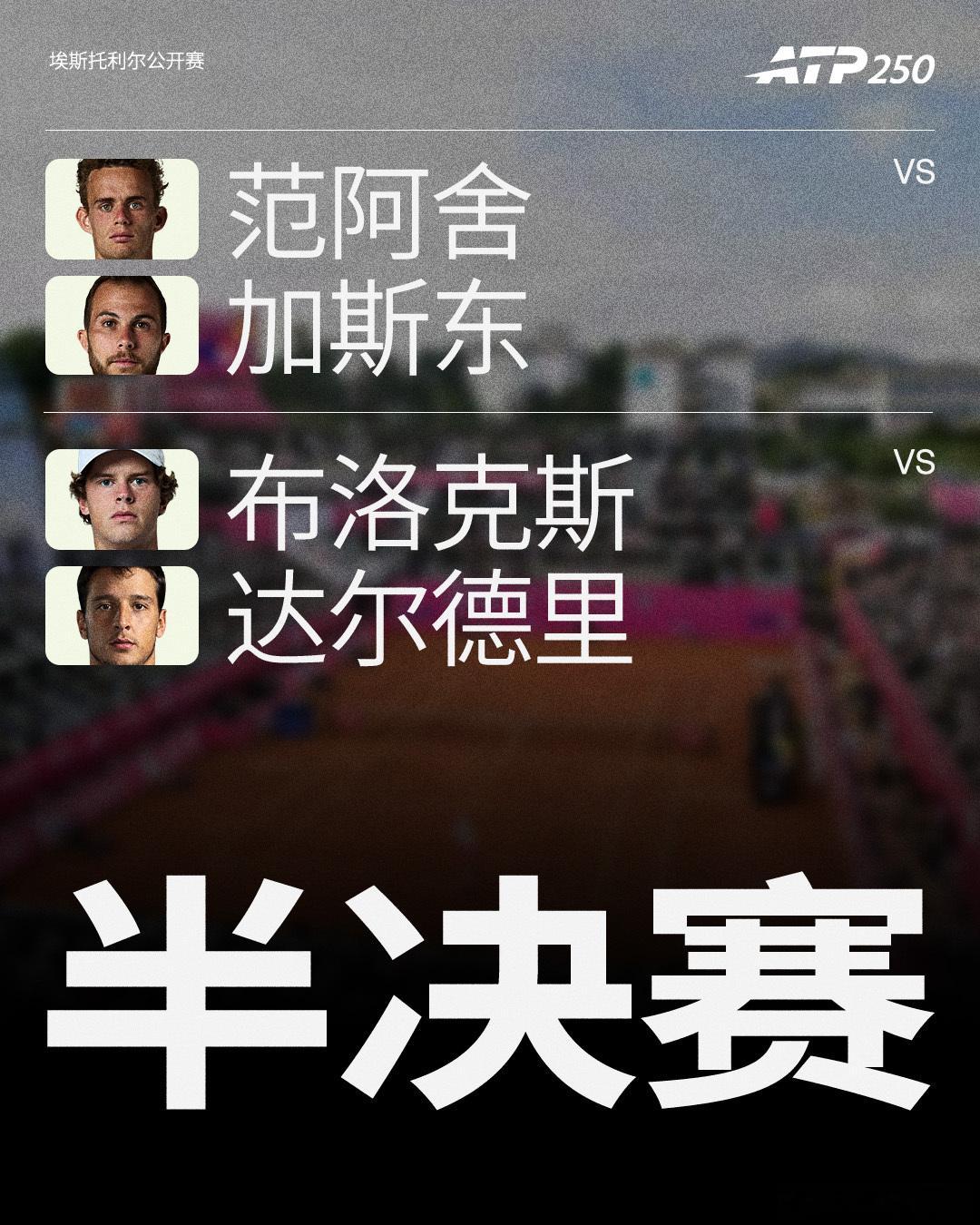ATP250 埃斯托利尔站四强出炉，哪两位将会师决赛？半决赛对阵如下👇范阿舍 
