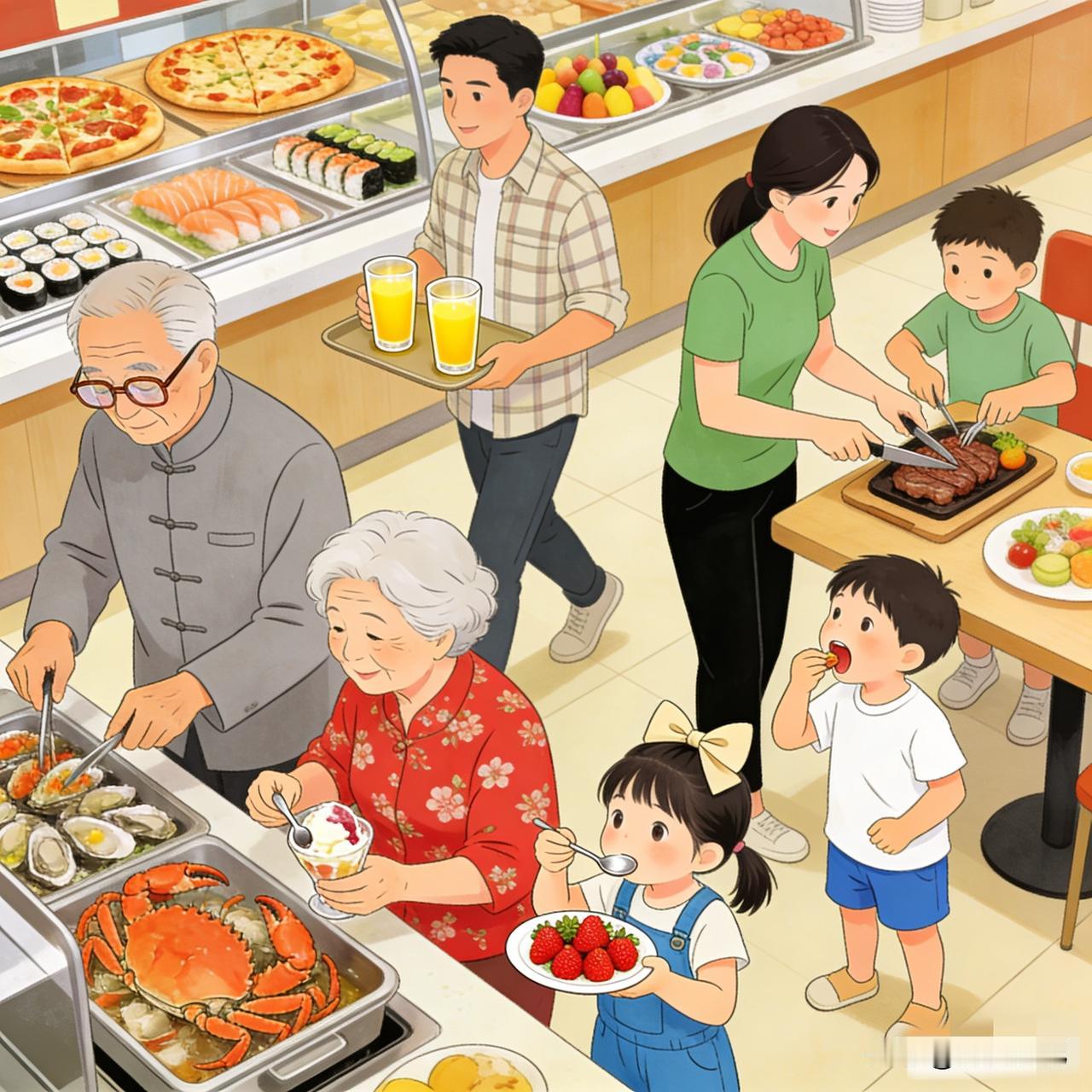 家里人每星期都要去吃一次自助餐，说好不容易到了星期六了，不得犒劳一下自己。自助餐