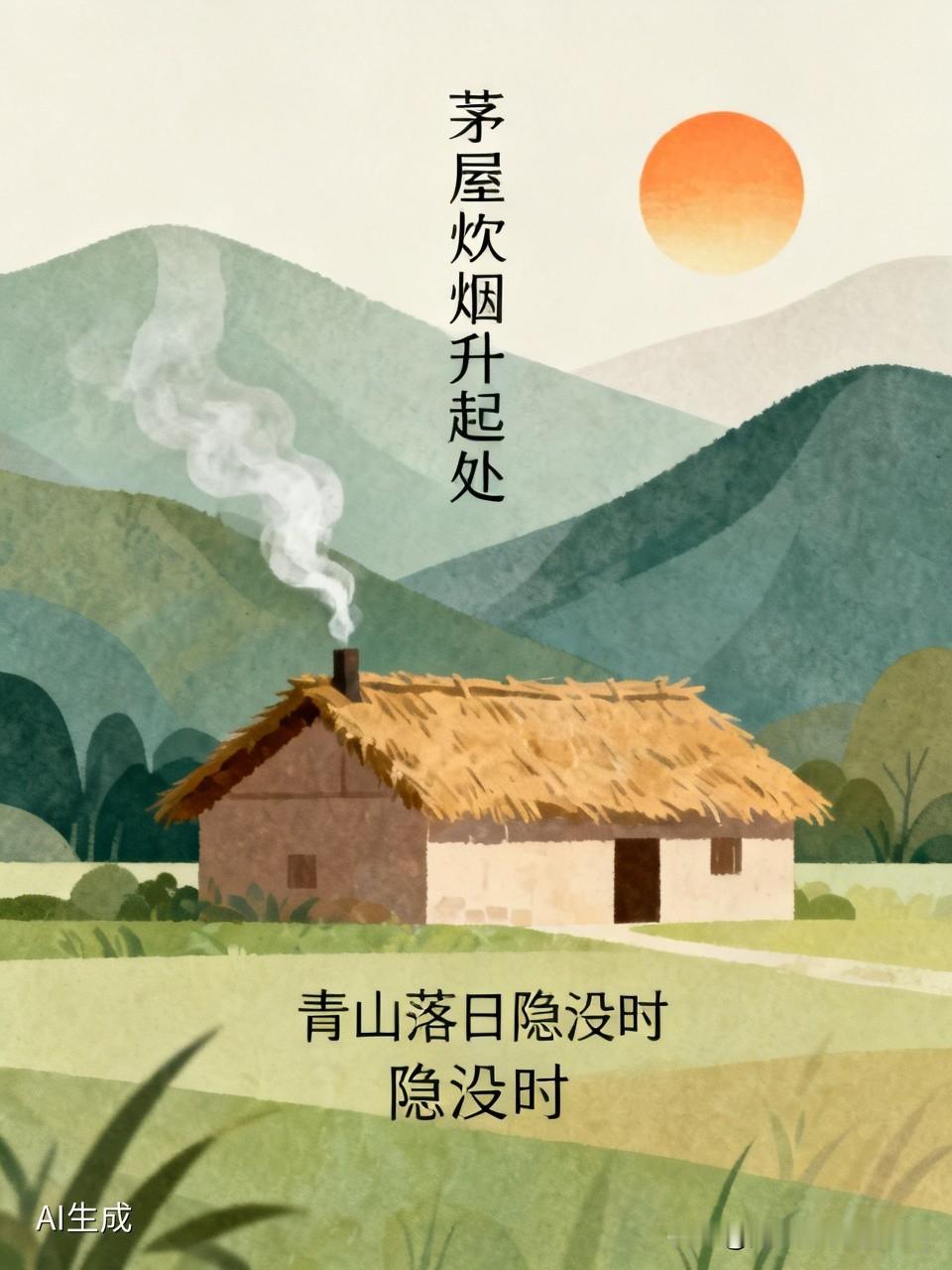上联：茅屋炊烟升起处；求下联下联，青山落日隐没时！[微风]