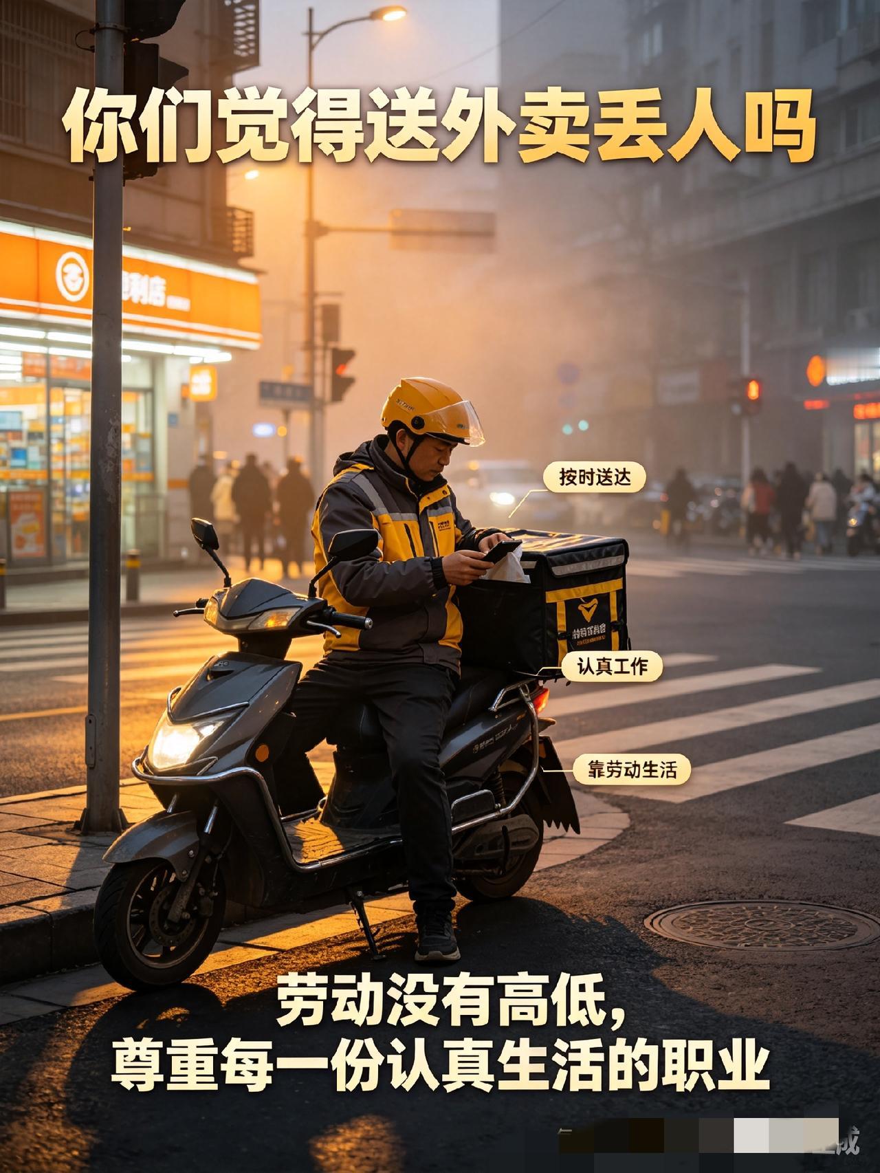 不知道什么时候起，有些人总带着偏见看送外卖这份工作，好像干这个就低人一等。
 