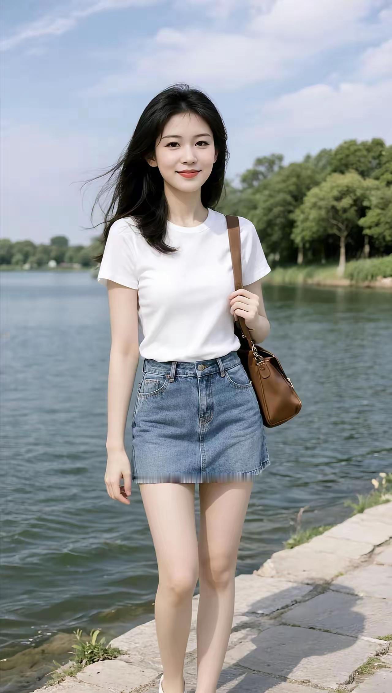 夏日清新穿搭，白色T恤+牛仔短裙，轻松自在，享受湖畔时光。