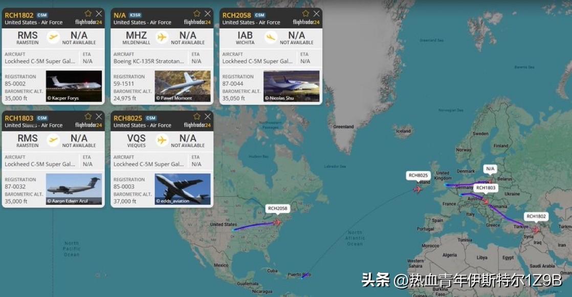 目前有三架美国空军的 C-5M“超级银河”战略重型运输机同时在欧洲上空飞往中东，