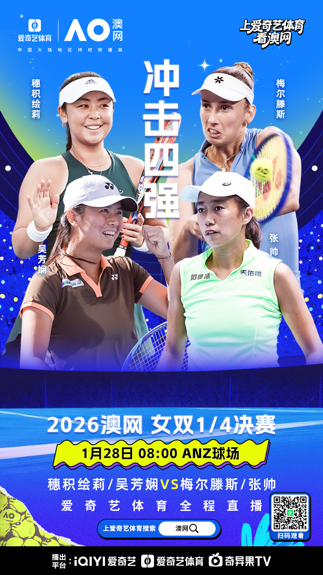 早上8点，在解说澳网女双8强赛：张帅/梅尔滕斯vs穗积绘莉/吴芳娴由于下半区2号