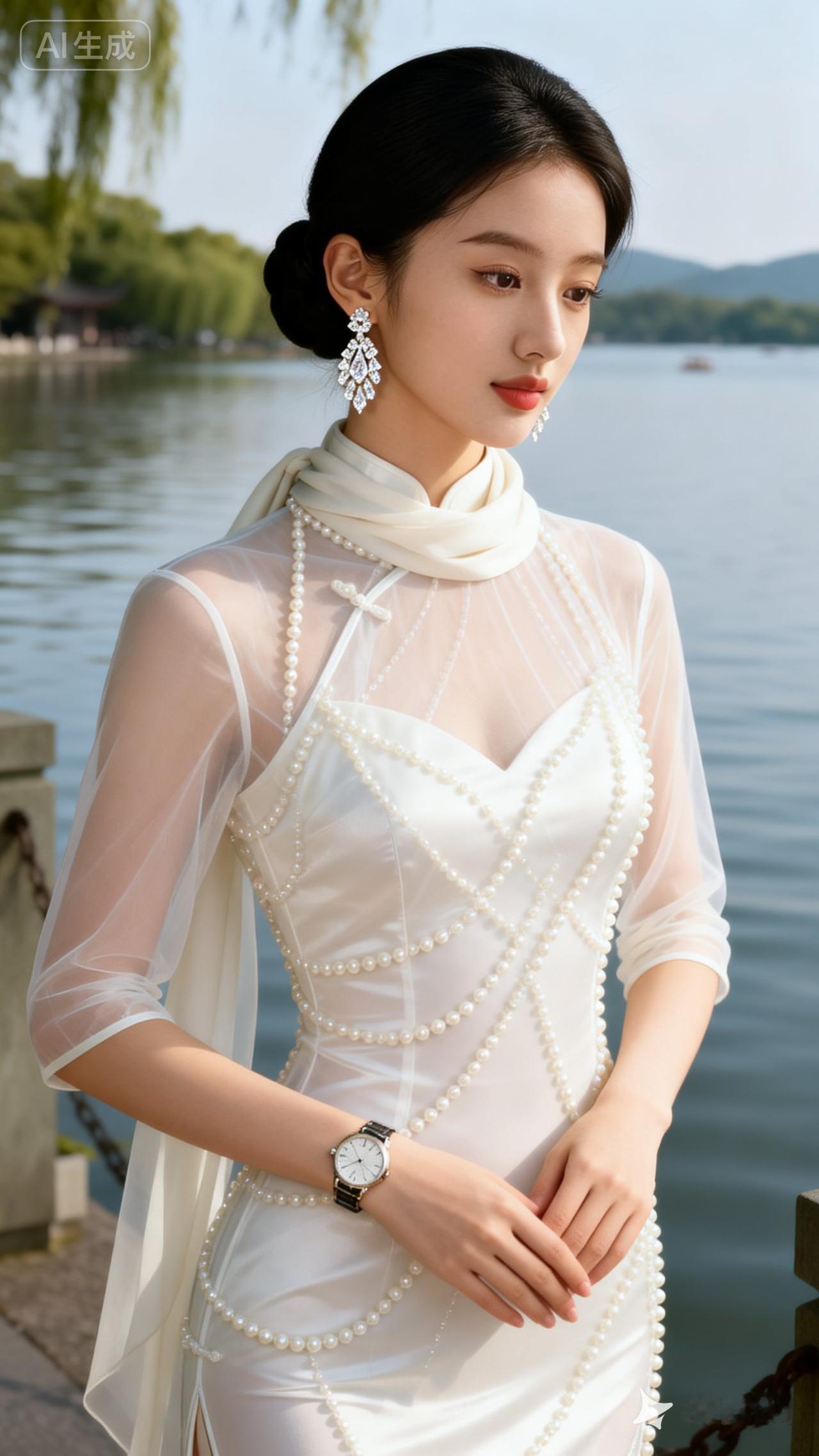 优雅珍珠白裙，湖畔仙气飘飘