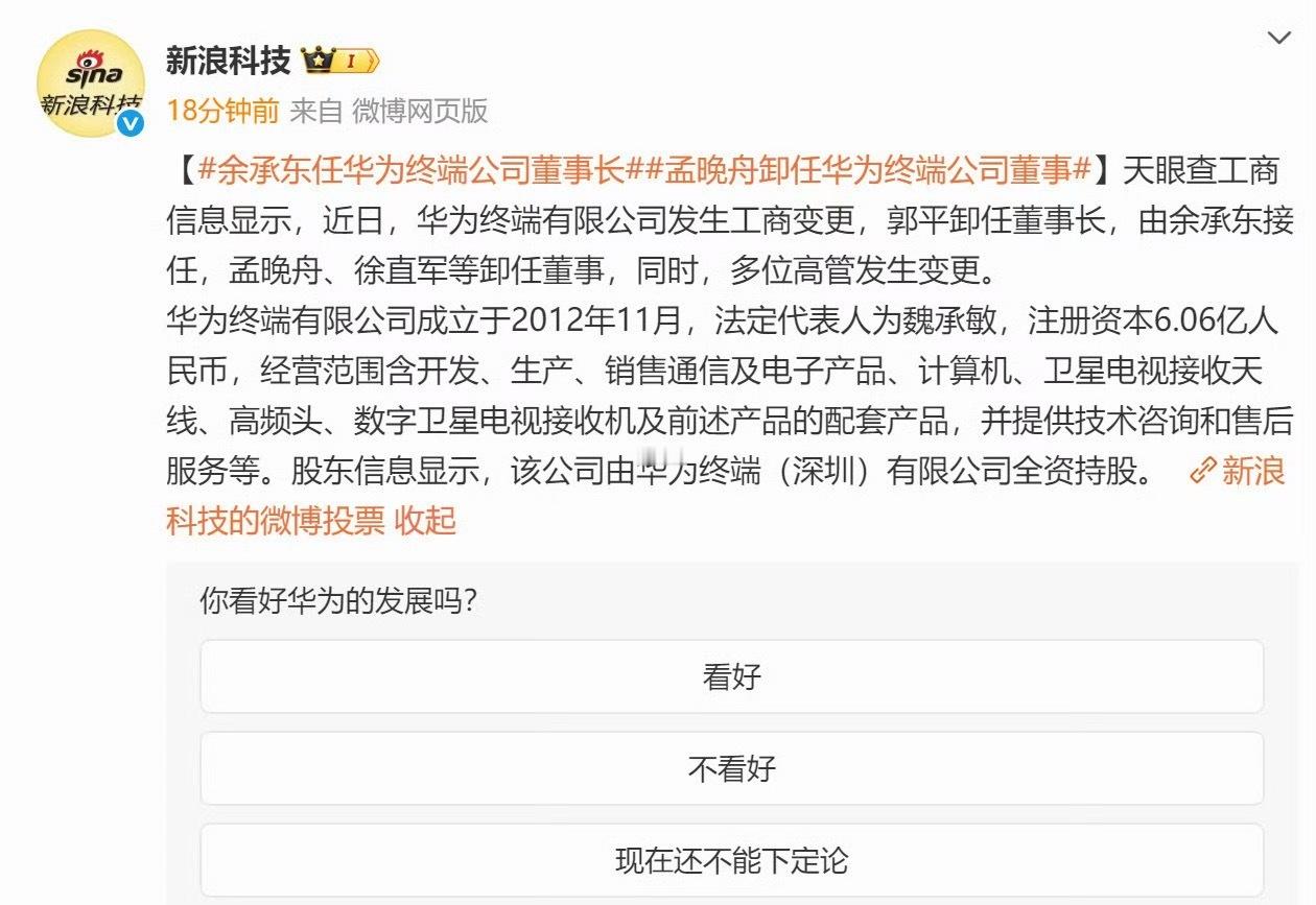 孟晚舟卸任华为终端公司董事华为终端这次人事调整，说白了就是分工更明确了！余承东接