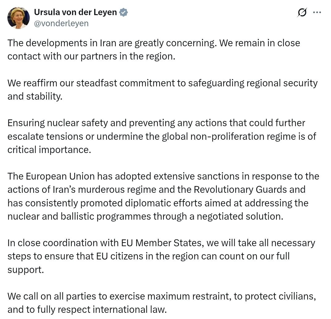 欧盟委员会主席冯德莱恩：
伊朗局势的发展令人深感担忧。我们与该地区的合作伙伴保持