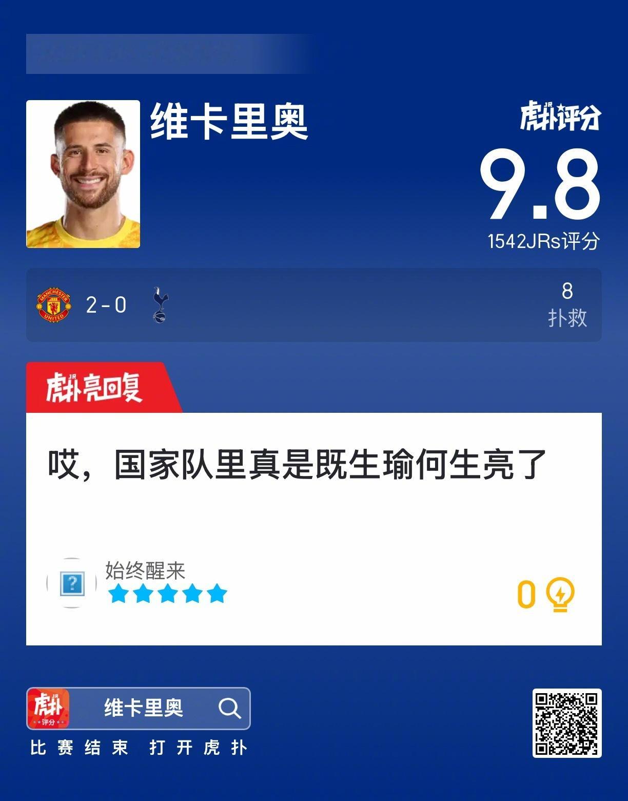 曼联2比0热刺维卡里奥贡献8次扑救，这表现给几分？ 
